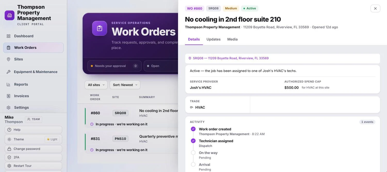 TradelyHQ Client Portal Work Order detail showing the assigned service provider, authorized spend cap, and a live activity timeline.
