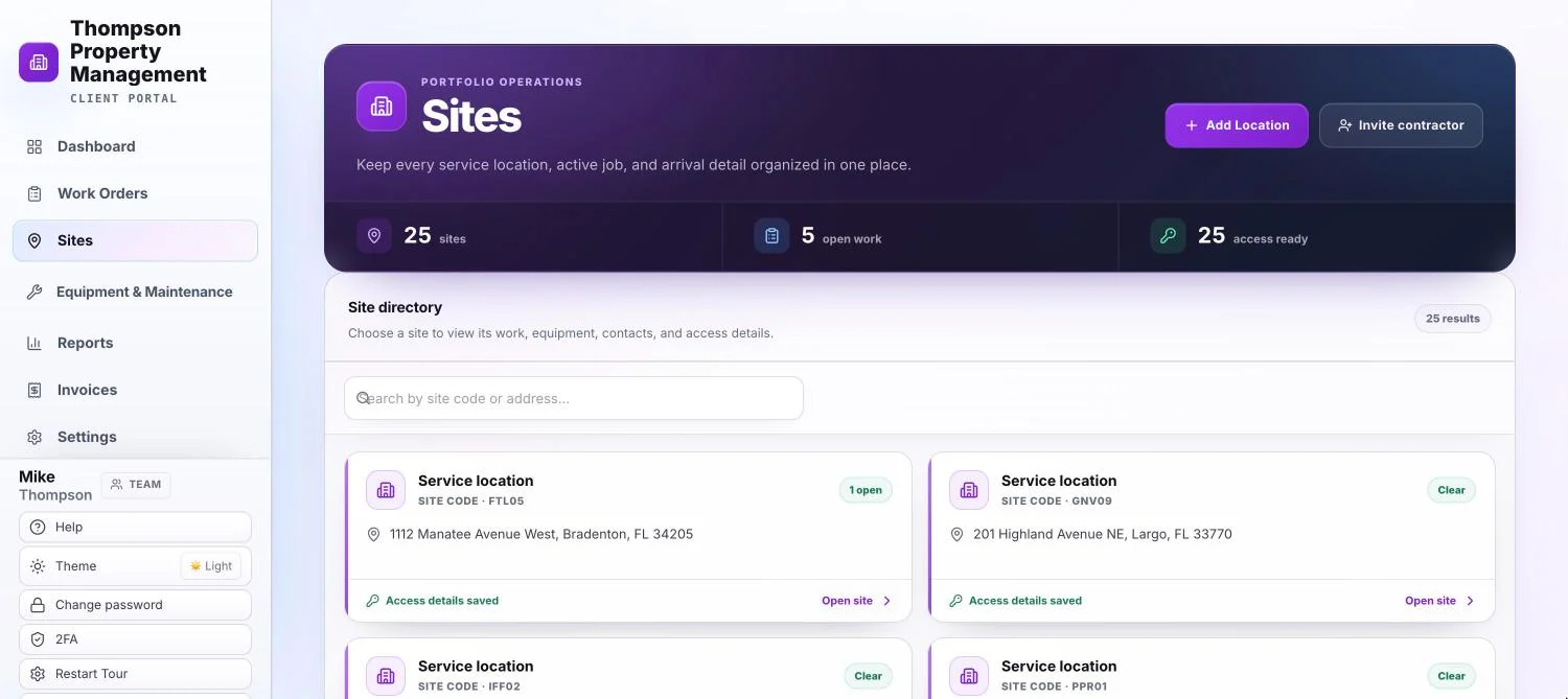 TradelyHQ Client Portal site directory listing every service location with its Site Code, address, and open work.