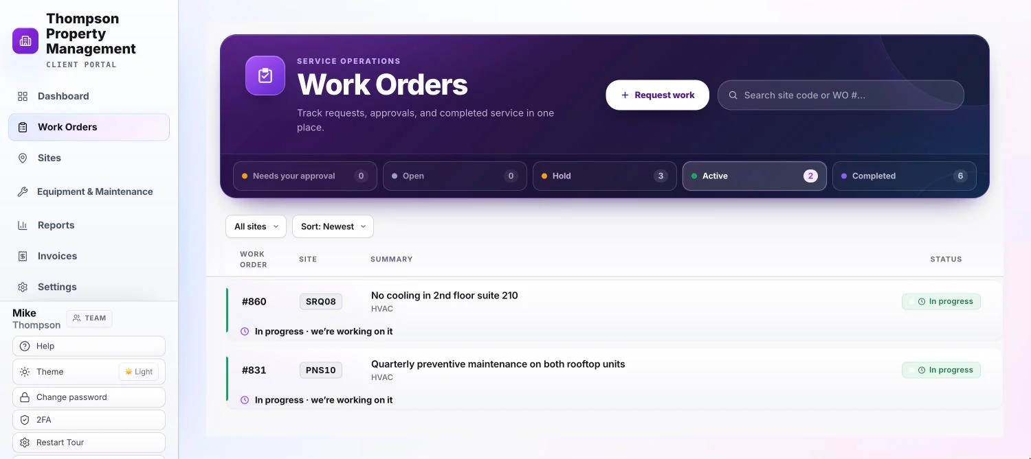 TradelyHQ Client Portal Work Orders list showing requests grouped by approval, open, hold, active, and completed.