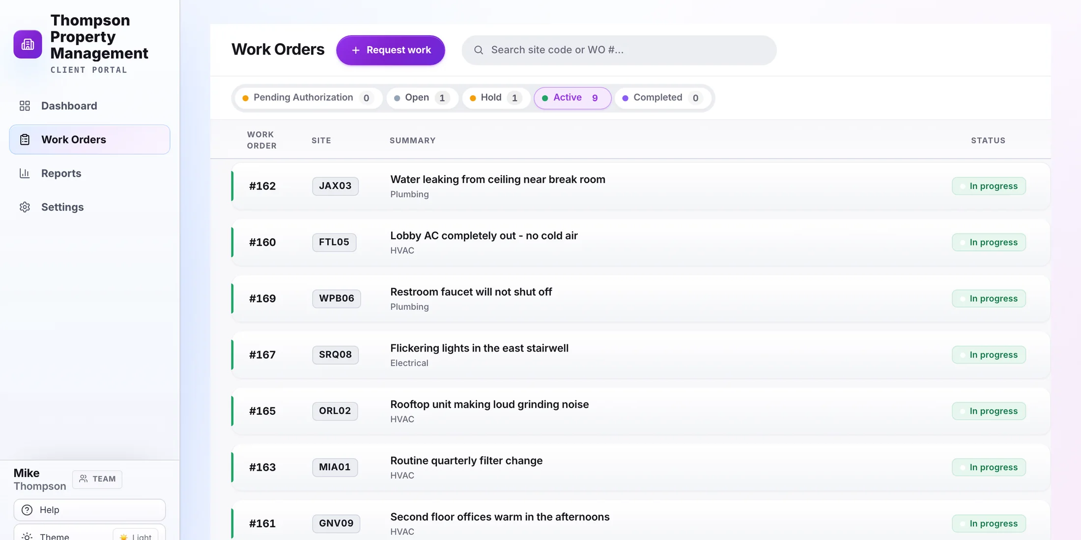 TradelyHQ client portal work orders view showing a customer their jobs by status with site codes, trades, and a request-work button.