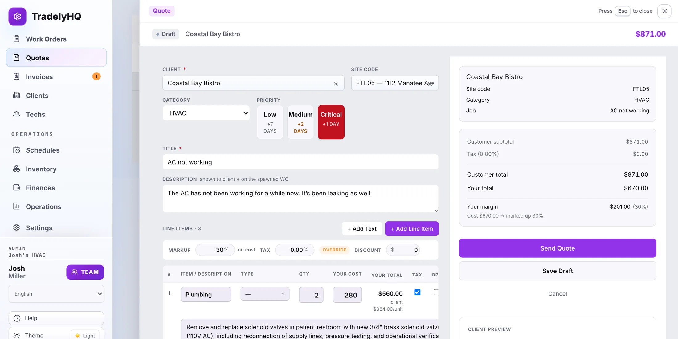 TradelyHQ quote builder showing line items, your cost, markup, tax, and margin, with a live client preview and send-ready totals.