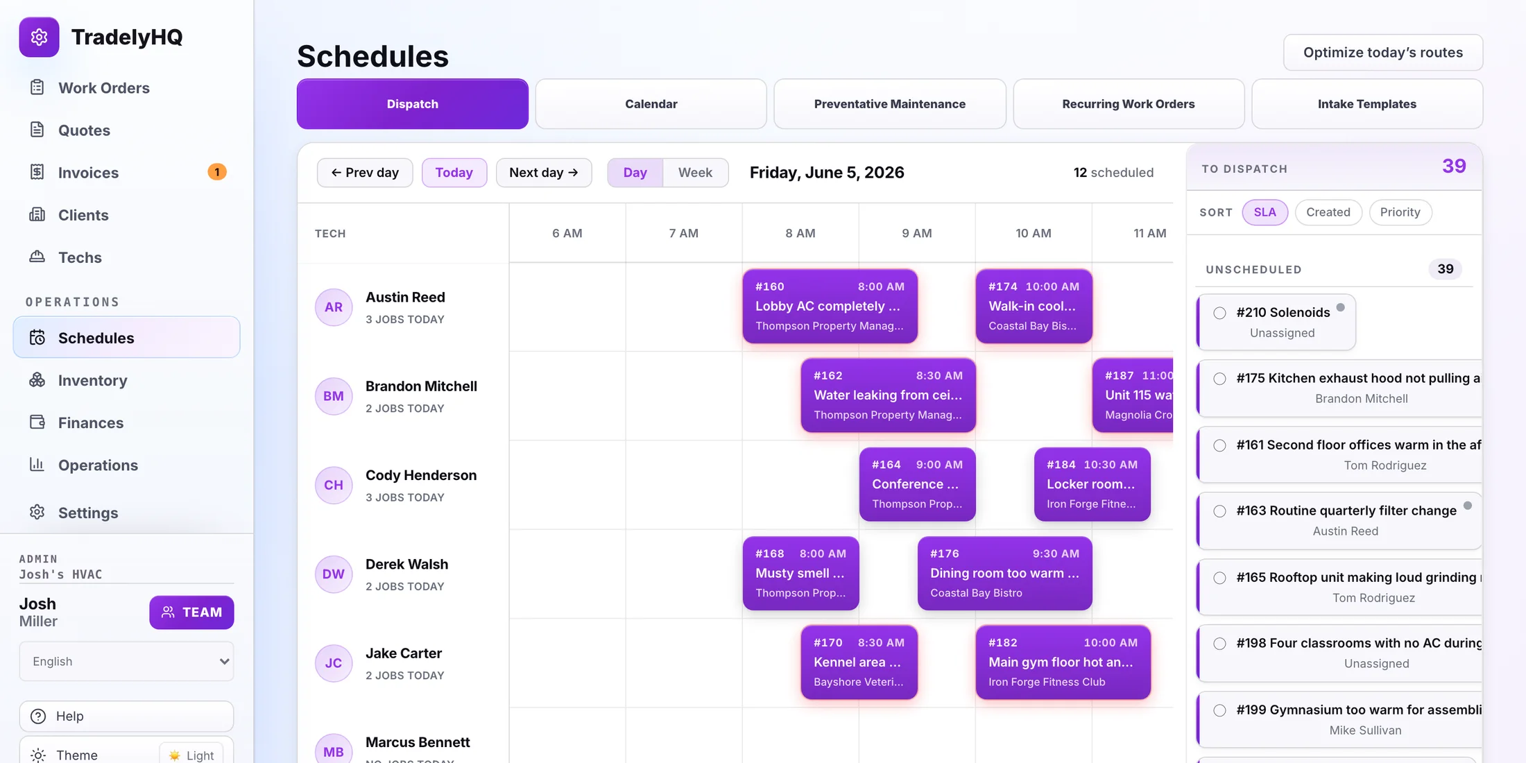 TradelyHQ schedules dispatch view showing assigned work orders across technicians on a daily calendar.