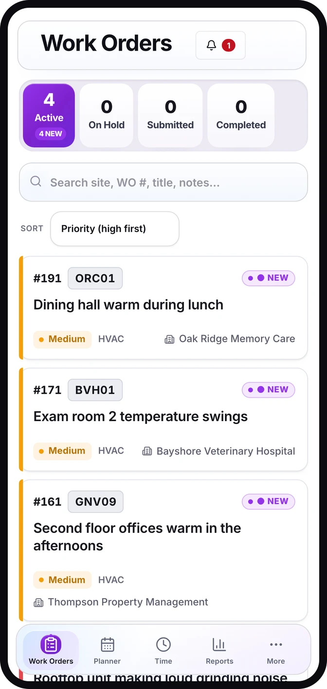 TradelyHQ field tech mobile app showing a technician their assigned work orders, active job count, priority, site, and the field navigation bar.